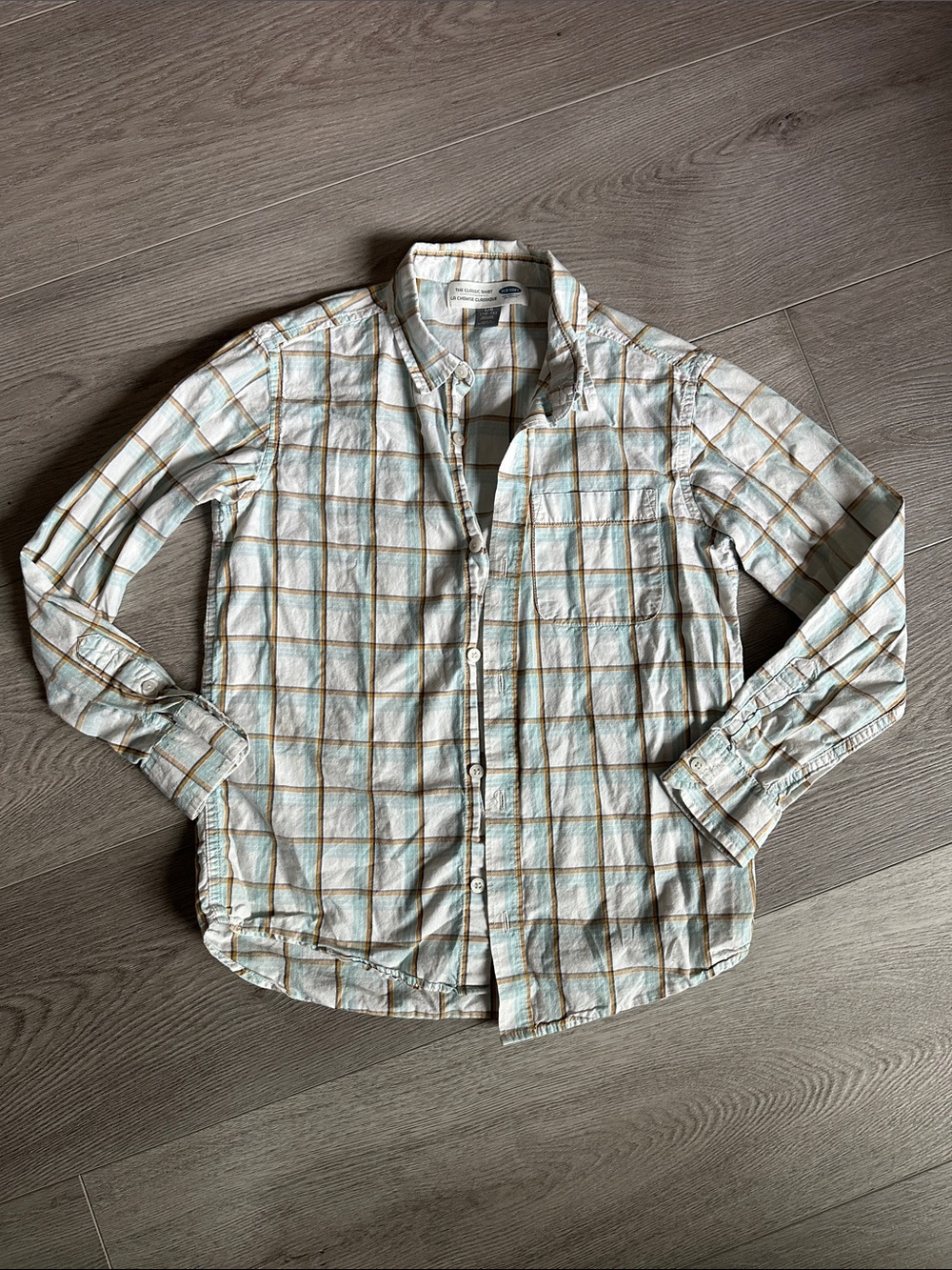 Old Navy White Plaid Button-Down Shirt with Tan & Light Blue Stripes